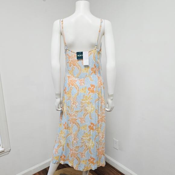 Roxy Midi Dress Size XL Floral Strappy Land of All Womens Blue Crinkle NWT - Picture 2 of 11